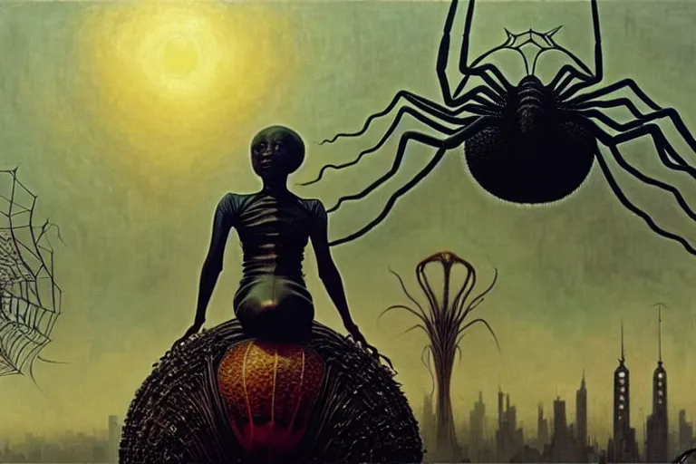 Image similar to realistic detailed photorealistic portrait movie shot of a beautiful black woman riding a giant spider, dystopian city landscape background by denis villeneuve, amano, yves tanguy, alphonse mucha, ernst haeckel, jean delville, david lynch, edward robert hughes, roger dean, cyber necklace, rich moody colours, cyber patterns, wide angle