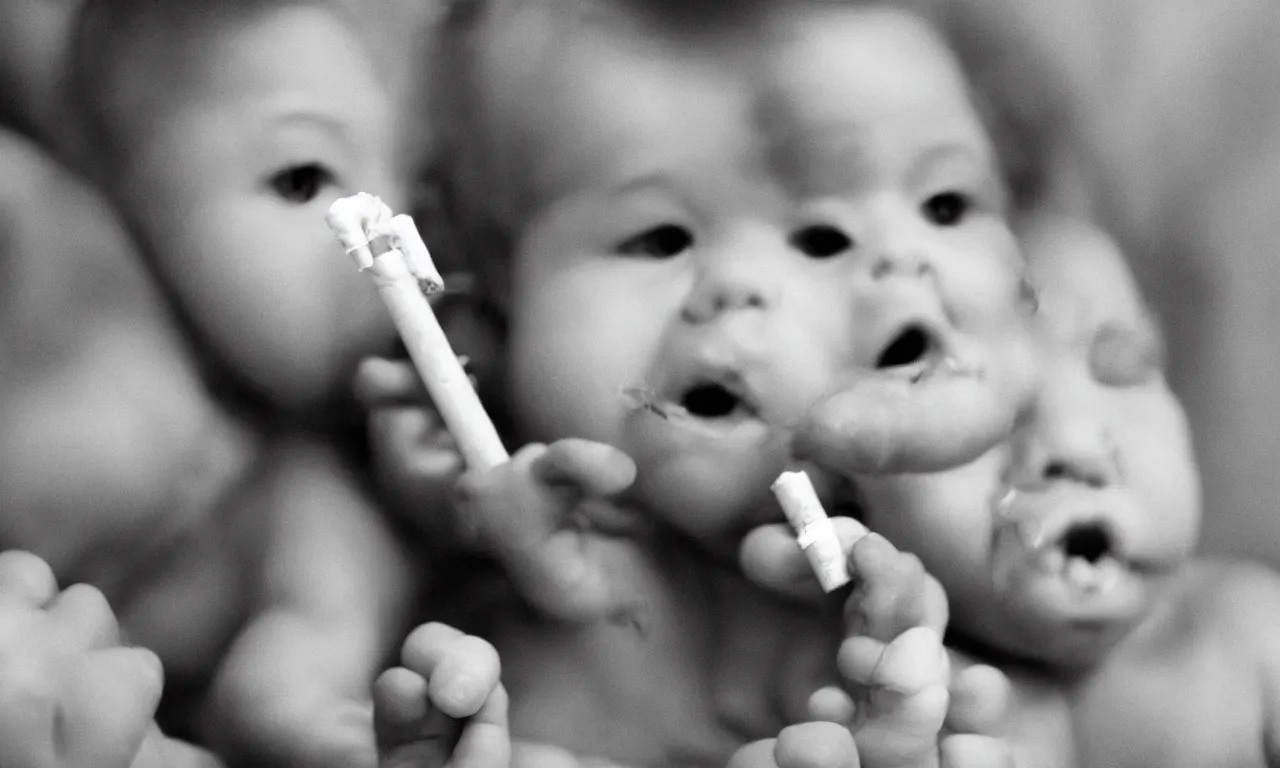 Prompt: a photograph of a baby smoking a crack pipe