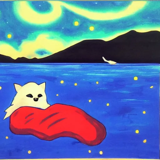 Image similar to okami!!!!!!! resting under a sky full of stars, by a deep!! river, calm, acrylic on canvas, okami, okami, okami, okami, okami, okami, cel shaded, cel shaded, cel shaded, cel shaded