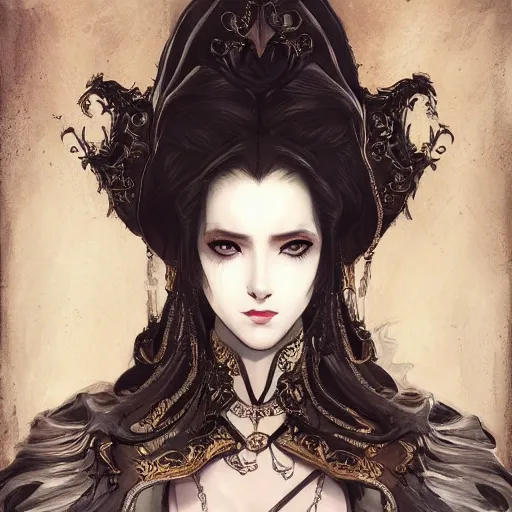 Image similar to portrait of lady dimitrescu, baroque style, elegant, beautiful, mesmerizing, concept art, fancy clothing, highly detailed, artstation, behance, deviantart, inspired by innocent manga, inspired by castlevania concept art, trending, ayami kojima, shinichi sakamoto