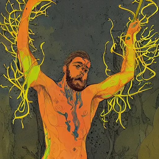 Prompt: ornate fluorescent yellow, fluorescent by margaret modlin, by walter ernest webster, by pascale campion. a photograph of hercules after he has completed one of his twelve labors, the killing of the hydra. he is standing over the dead hydra, covered in blood clutching a sword that slew the beast. his face is expressionless.