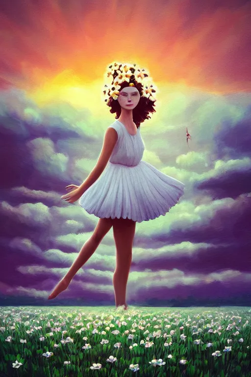 Prompt: giant white daisy flower as head, posture girl dancing in a flower field, surreal photography, sunrise, dramatic light, impressionist painting, colorful clouds, digital painting, artstation, simon stalenhag