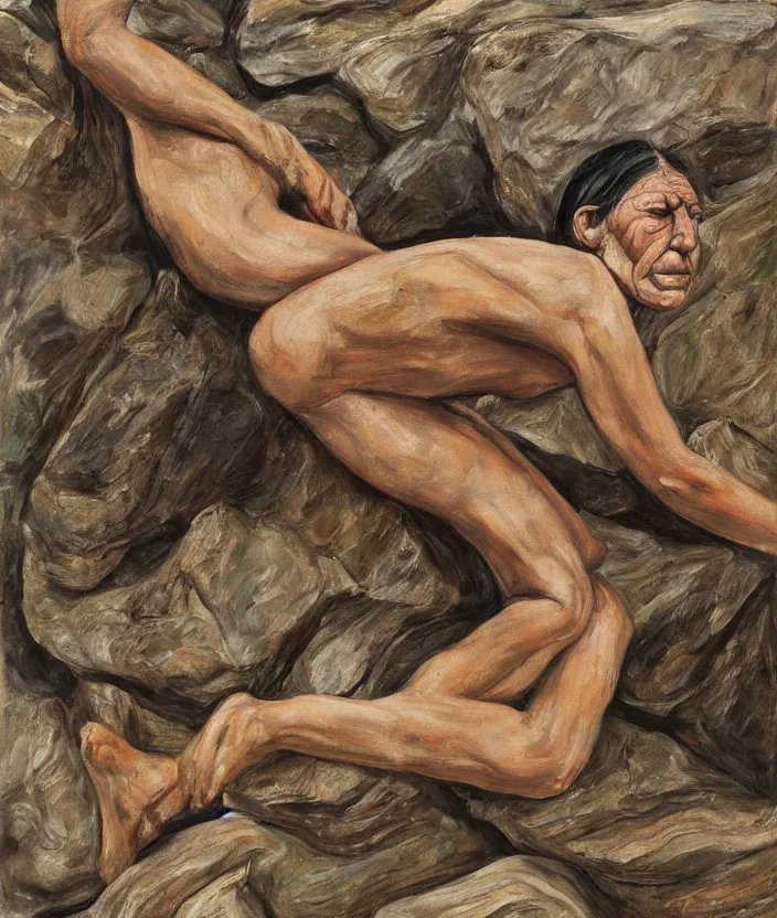 Prompt: indigenous woman climbing rocks, painted by lucian freud, hd, super detailed, realistic, muted colors