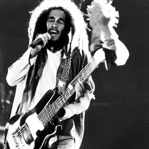 Image similar to bob marley performing at coachella with freddie murphy from queen, photo, concert