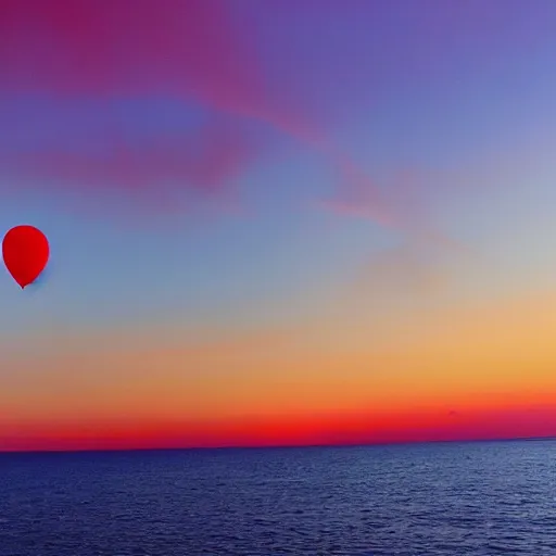 Prompt: a human hand with five fingers holding a yellow balloon sticking out of the ocean with a red sky in the background by chris bilheimer