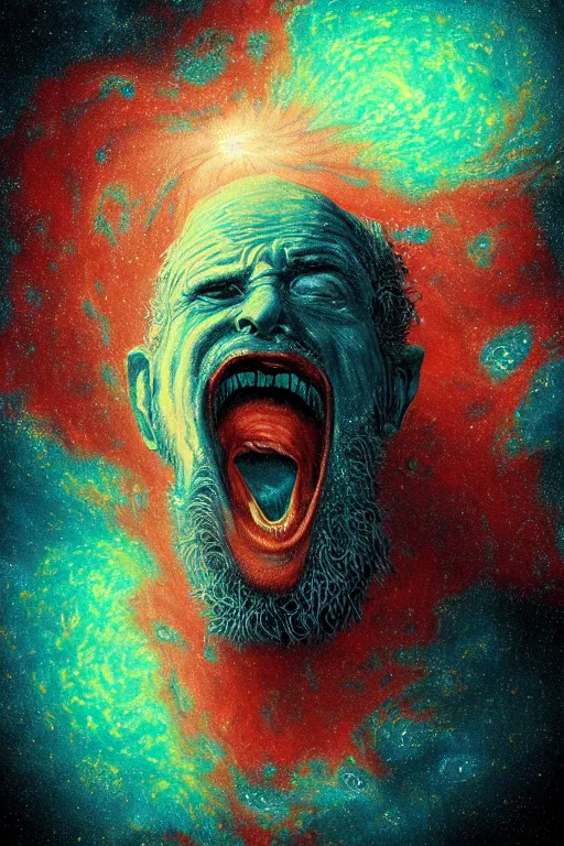 Image similar to an old fractal man screams and a tornado comes out of his mouth by artgem and gustave dore, highly detailed and colored, high contrast, trippy, nebula, trending on artstation