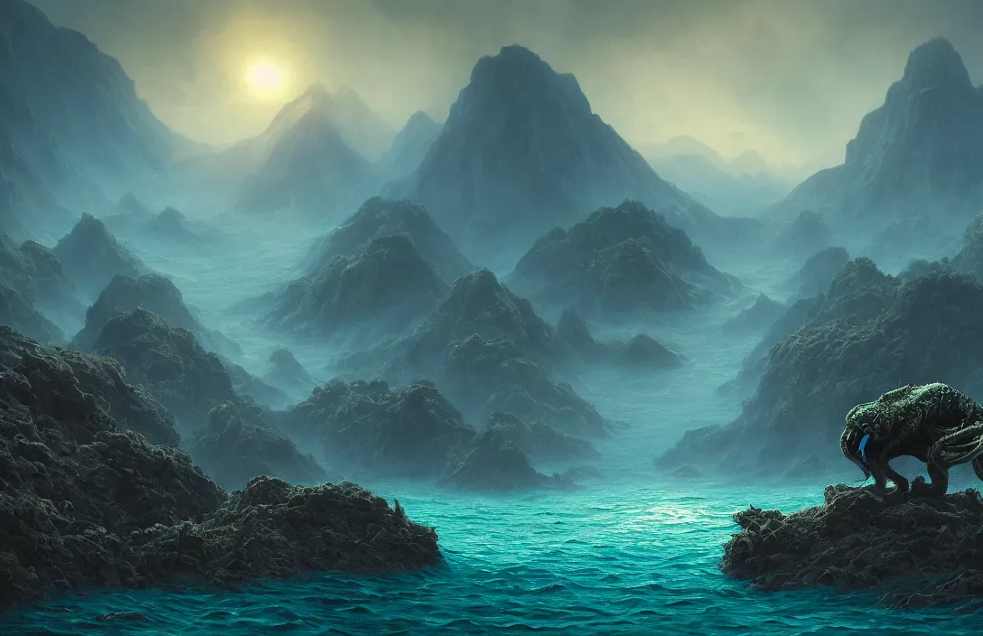 Prompt: huge gigantic cthulhu over a dark blue turquoise ocean, ultrawide shot, hyperreal phantastic misty landscape, in the style of dylan cole, mountains in background, intricate details in environment, luminance, golden ratio, high aestehtic, cinematic light, godrays, distance, clear atmosphere, photobash, wideangle, albert bierstadt, hyperreal 4 k