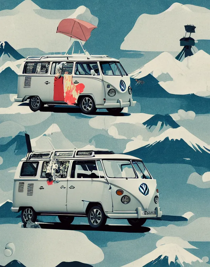 Image similar to vw camper touring rural japan, a collage painting, in the style of wes anderson, lola dupre, david hockney, isolated on negative white space background dark monochrome fluorescent spraypaint accents volumetric octane render, no double figure