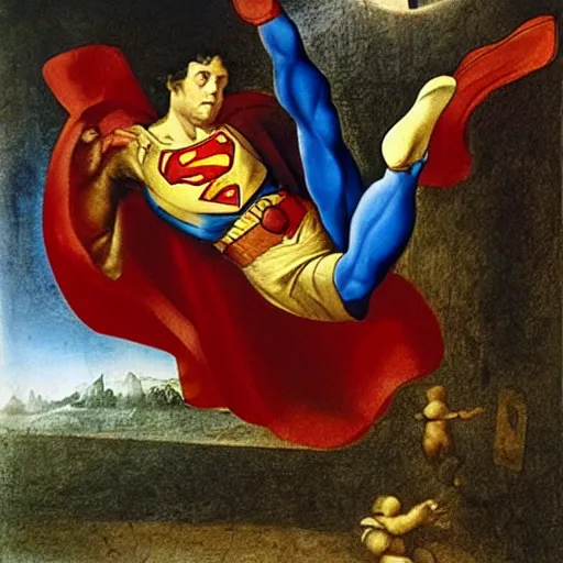 Prompt: superman sleeping in a playground, painting by leonardo da vinci, highly detailed