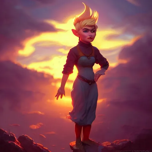 Prompt: a Photorealistic dramatic hyperrealistic gnome woman, pixie undercut hair, by WLOP,Artgerm,Greg Rutkowski,Alphonse Mucha, Beautiful dynamic dramatic bright sunset lighting,shadows,cinematic atmosphere,Artstation,concept design art,Octane render,8k