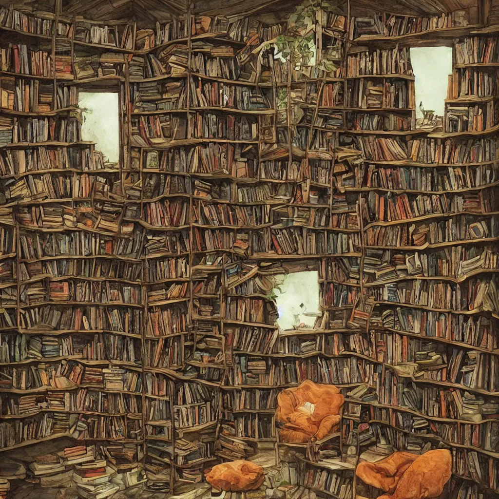 Image similar to there are many books and bookshelves in a warm hut, flowers, smoke, detailed, mysterious, comfort, in the style of aetherpunk