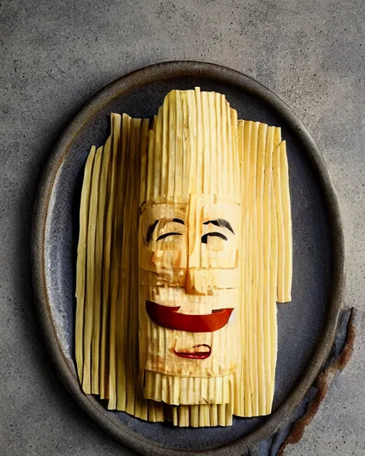 Image similar to tom hanks as a tamale, human face made out of a tamale, tom hanks with the texture of a tamale, professional food photography