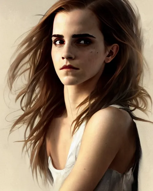 Prompt: clear portrait of emma watson, somber appearance, ripped clothing, looking her shoulder, background hyper detailed, character concept, full body, dynamic pose, intricate, elegant, highly detailed, digital painting, artstation, concept art, smooth, sharp focus, illustration, art by artgerm and greg rutkowski and alphonse mucha