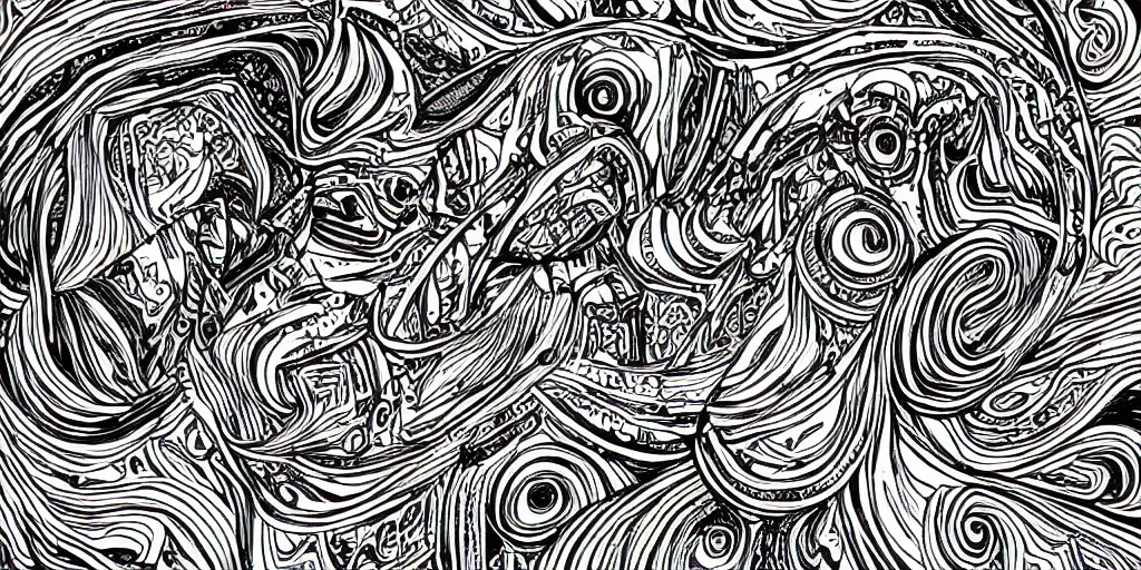 Image similar to bold black and white illustrated artwork thick lines psychedelic shaman