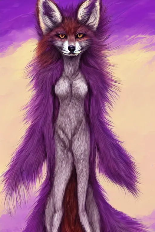 Prompt: portrait of a furry anthromorphic fox with orange fur long purple hair and black ears wearing a long dress, very beautiful, detailed fur