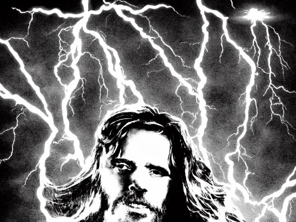 Image similar to jesus floating above the water shooting lightning out of his hands, sin city, full shot, graphic novel, symmetrical, frontal,