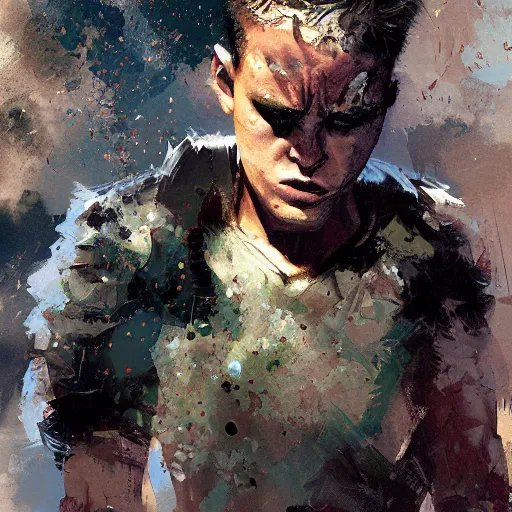 Image similar to a teenage boy with a slouch and acne looking extremely angry. Snarling. Balling fists. By Craig Mullins. Jordan Grimmer.