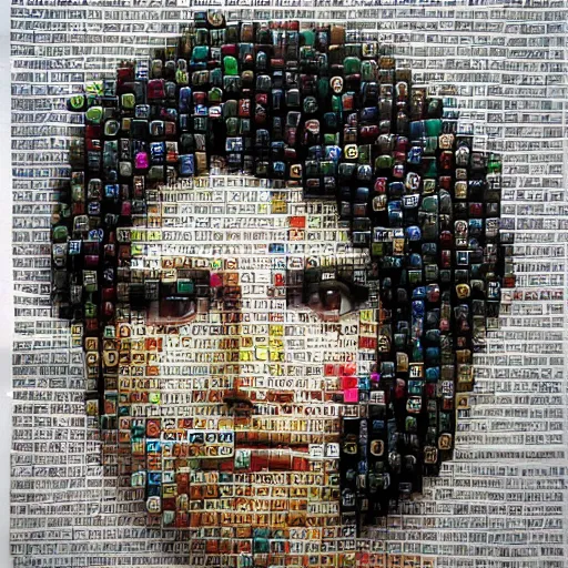 Image similar to beautiful portrait of a woman made from magazine clipplings, mcu, contrast, texture,