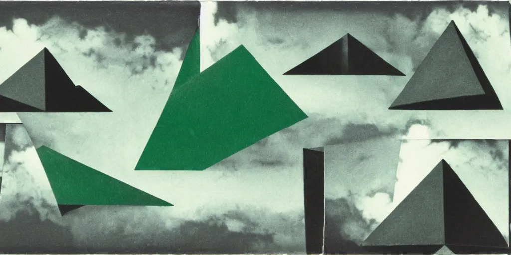 Prompt: grey, green salvador dali. magritte. hazy polaroid collage. black pyramids