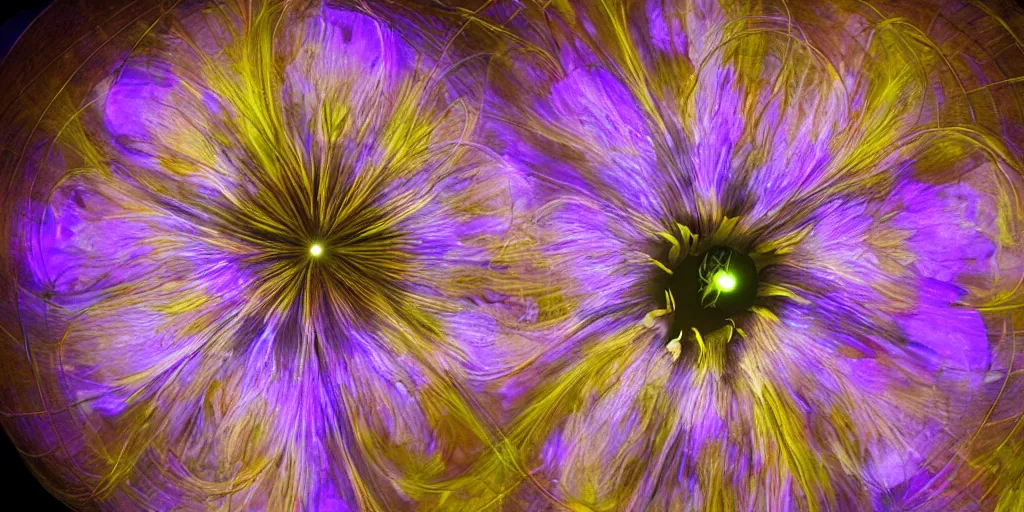 Image similar to a widescreen photo of a biomechanical bioluminescent flower macro by steve mccurry