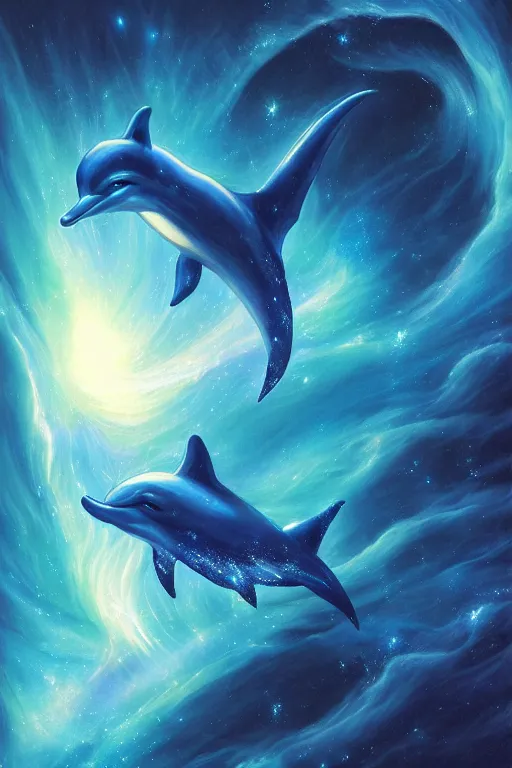 Image similar to Ethereal blue fire dolphin 🐬 flying through a nebula, Sirius star system, star dust, cosmic, magical, shiny, glow,cosmos, galaxies, stars, outer space, stunning, by andreas rocha and john howe, and Martin Johnson Heade, featured on artstation, featured on behance, golden ratio, ultrawide angle, hyper detailed, photorealistic, epic composition, wide angle, f32, well composed, UE5, 8k