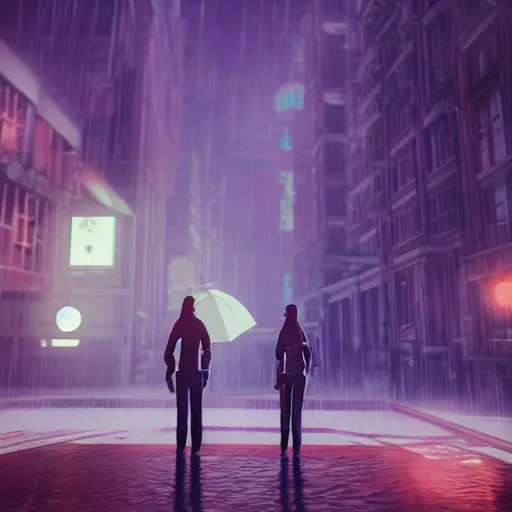 Prompt: rainy videogame with multiple characters liking each other in difficult times, colored point lights, volumetric lighting, unreal engine, 8K,