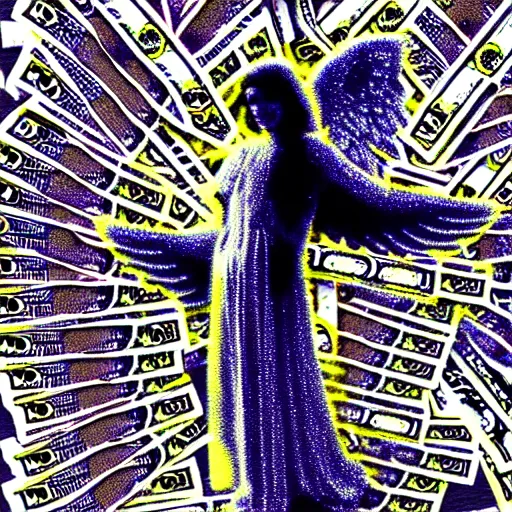 Image similar to vhs static overlay of angel apparition, surrounded by money falling like confetti, vhs, 1 9 9 0, highly realistic, highly detailed, vhs noise static, black and white, vhs glitch