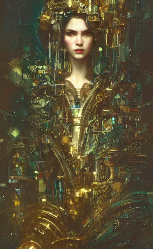 Image similar to hyper realistic time machine, cyberpunk, design on white background, beautiful details, lush foliage cyberpunk, gold, drawn by john singer sargent, tom bagshaw, norman rockwell, alphonso mucha, lolish, trending on artstation