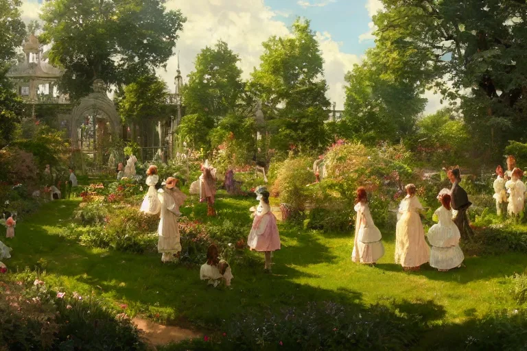 Image similar to an ornate victorian garden, party in front, scene in an open field. 1 8 9 0, key visual, conceptart, ambient lighting, highly detailed, digital painting, artstation, concept art, sharp focus, by makoto shinkai and akihiko yoshida and greg manchess