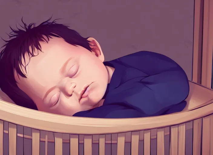 Image similar to a newborn baby with blonde hair sleeping in a crib. clean cel shaded vector art. shutterstock. behance hd by lois van baarle, artgerm, helen huang, by makoto shinkai and ilya kuvshinov, rossdraws, illustration, art by ilya kuvshinov