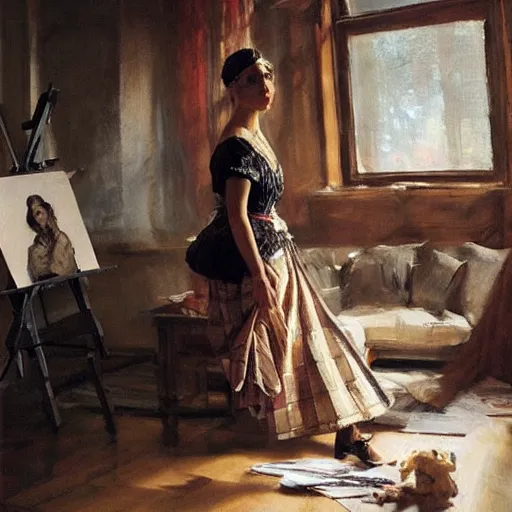 Prompt: extraordinary portrait : mata hari in checked shirt, modern hairstyle, blonde, in her art studio. precise detail. art by anders zorn, wonderful masterpiece by greg rutkowski, beautiful cinematic light, american romanticism by greg manchess, jessica rossier