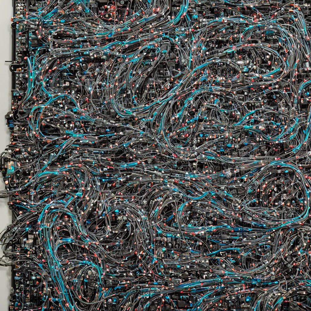 Image similar to Eurorack synthesizer wall with a bunch of patch cable connections, the eurorack's faceplate can be seen perfectly, detailed, high contrast, 8k, in the style of Caravaggio, oil painting