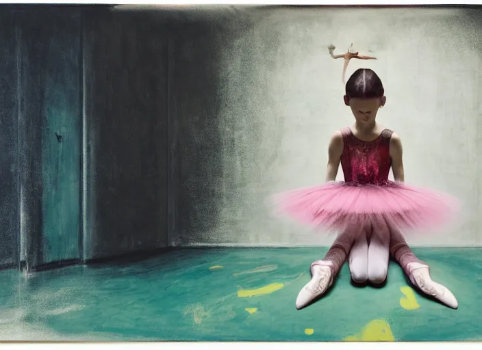 Image similar to portrait of nervous young girl ballerina sitting on the floor focusing in a dance hall by beeple and hernan bas and francis bacon and pat steir and hilma af klint, psychological, photorealistic, symmetrical face, dripping paint, washy brush, matte painting, rendered in octane, altermodern, masterpiece