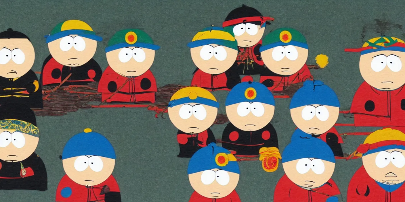 Prompt: south park kenny kyle stan cartman in style of nihonga painting by uemura shoen