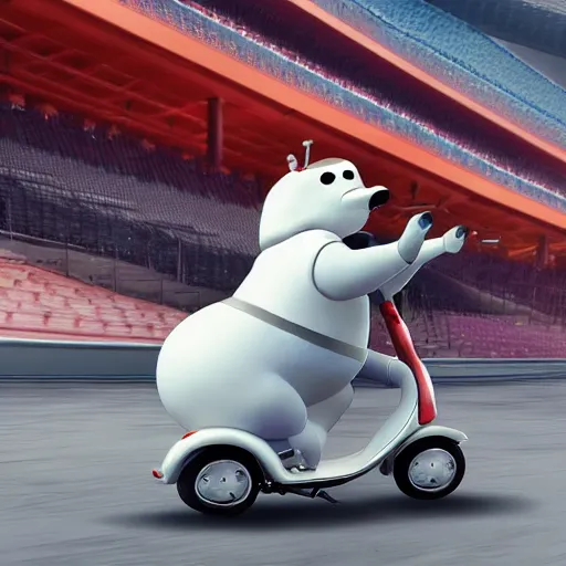 Image similar to Baymax riding a mobility scooter, race track background, photo