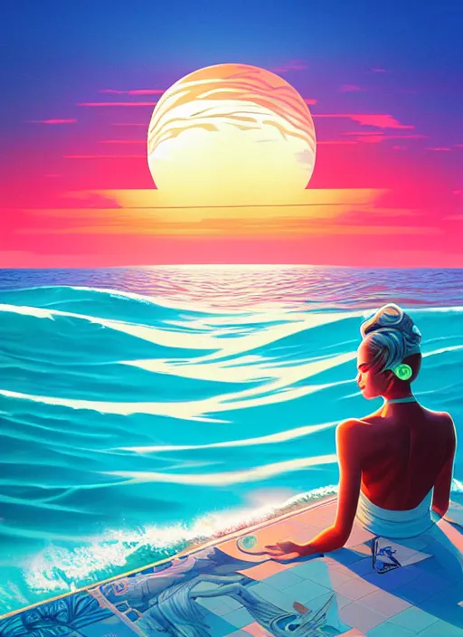 Image similar to ocean with a sunset, tristan eaton, victo ngai, artgerm, rhads, ross draws