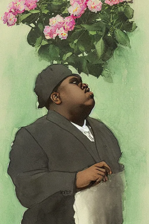 Image similar to portrait of biggie smalls, bloom flowers, modern, eclectic, illustration, by ramon casas