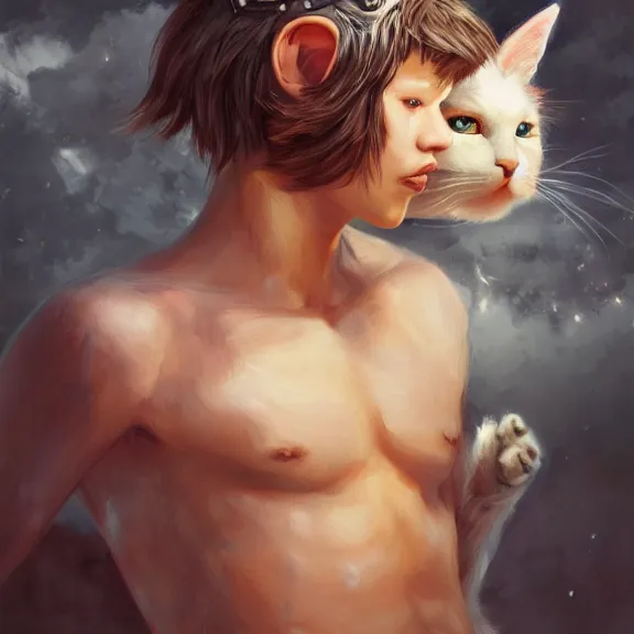 Image similar to boy with cat ears and tail, fantasy artwork, award winning, oil on canvas, hyper detailed, very very very very beautiful!, studio lighting, artstation