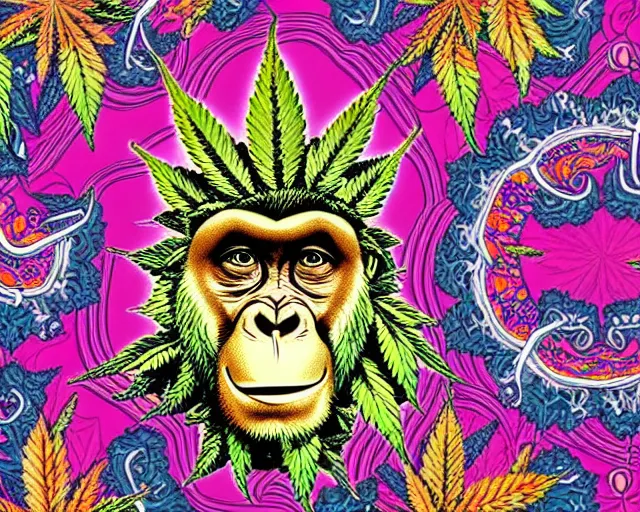 Image similar to psychedelic ornamental baroque bored ape wearing marijuana bandana, opensea