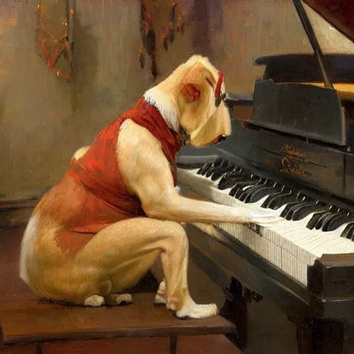 Image similar to a dog playing piano by Gaston Bussiere, Craig Mullins