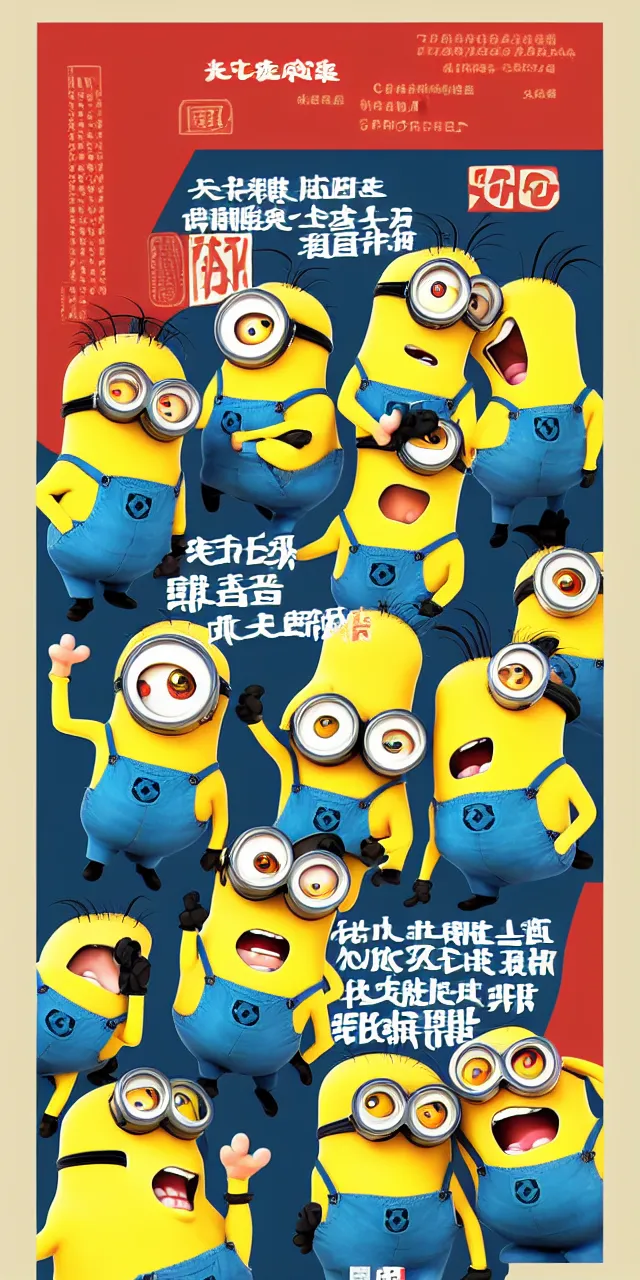 Prompt: chinese propaganda poster with minions, style of propaganda poster, flat design