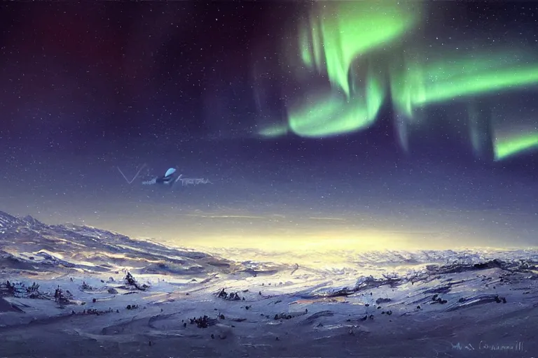 Image similar to A beautiful painting of the vast snow desert at night with the northern lights by marc simonetti, matte painting