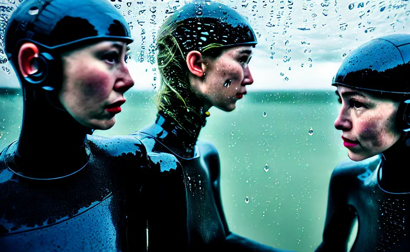 Image similar to cinestill 5 0 d candid action photographic portrait by helen levitt of two loving female androids wearing rugged black mesh techwear in treacherous waters, extreme closeup, modern cyberpunk retrofuturism moody emotional cinematic, pouring iridescent rain, 8 k, hd, high resolution, 3 5 mm, f / 3 2, motion blur, ultra realistic faces, ex machina