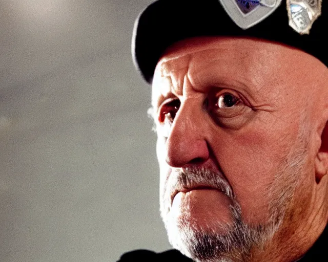 Image similar to mike ehrmantraut as a police officer, cinematic lighting, atmospheric portrait cinematography