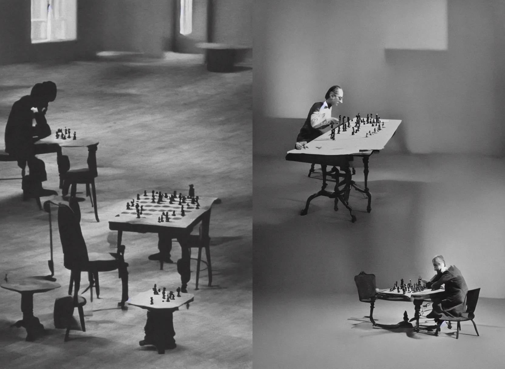 Prompt: filmstill of Marcel Duchamp playing chess alone in a vast empty room, vintage film stock, by Irving Penn, viewed through prsimatic glitches