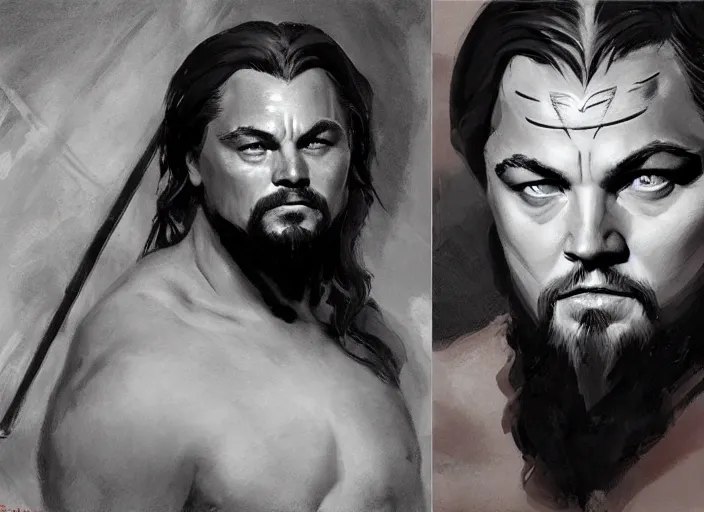 Prompt: a highly detailed beautiful portrait of leonardo dicaprio as kratos, by gregory manchess, james gurney, james jean