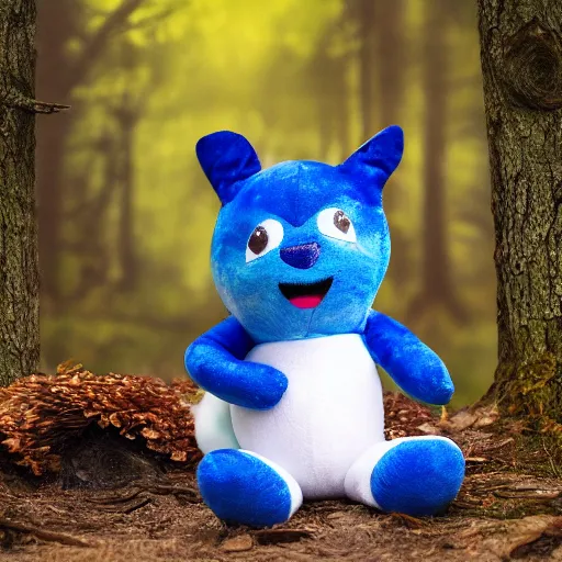 Image similar to blue'snappy gifts'plush toy with smily face in magical forest, gifts, dark atmosphere, high detail, soft lighting, 8 k