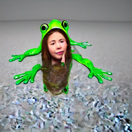 Prompt: A girl in a frog costume is drowning in money real render