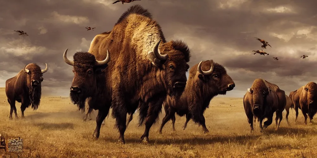 Prompt: indian on one wheel hunts bison herd, action scene, epic composition, dramatic lighting, cinematic, establishing shot, extremely high detail, photorealistic, cinematic lighting, artstation, octane render, old photo, buffalo hunt movie, alpha movie, western, ultra sharp, clean symmetrical faces, high detail, intricate,hypermaximalist,hyper realism