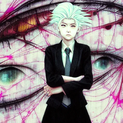 Image similar to yoshitaka amano blurred and dreamy three quarter angle portrait of a young woman with white hair and black eyes wearing dress suit with tie, playstation 2 horror game illustration, junji ito abstract patterns in the background, satoshi kon anime, chungking express color palette, glitches, film grain effect, highly detailed, renaissance oil painting, weird camera angle